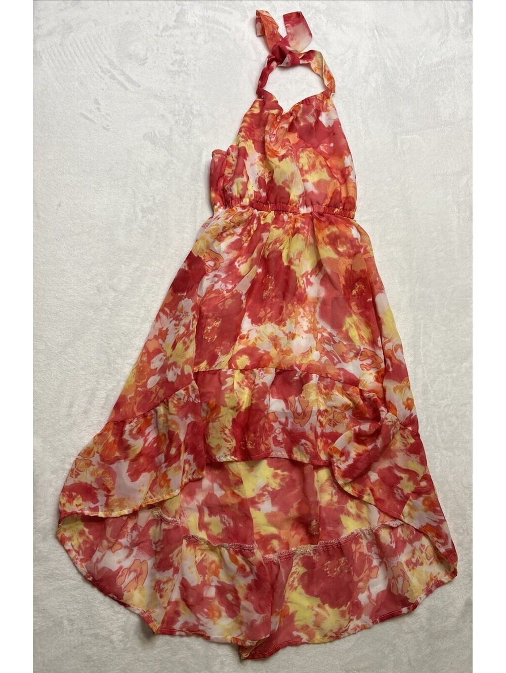 Place Girls Halter Summer Dress Pink Multicolor Floral Hi-Lo Hem Size 5/6